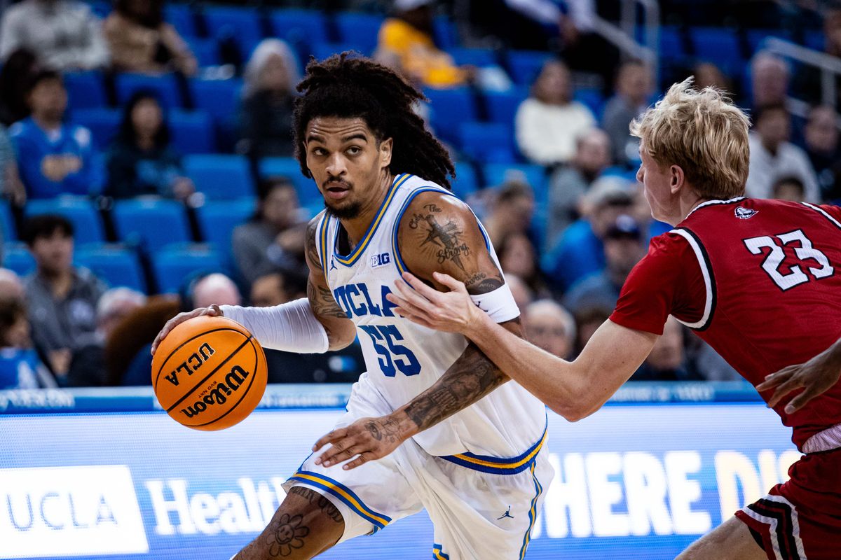 UCLA Bruins guard Skyy Clark (55) runs with the ball during the 1st half of the game against Southern Utah on Tuesday, November 26th, 2024, at Pauley Pavilion in Los Angeles, CA. UCLA Bruins guard Skyy Clark (55) runs with the ball during the 1st half of the game against Southern Utah on Tuesday, November 26th, 2024, at Pauley Pavilion in Los Angeles, CA.