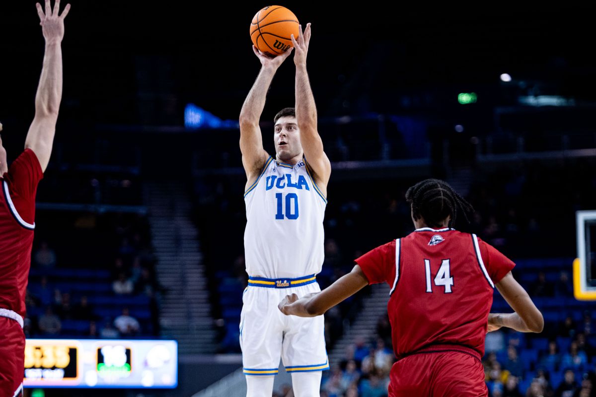 UCLA Bruins guard Lazar Stefanovic (10) shoots a three-pointer during the 1st half of the game against Southern Utah on Tuesday, November 26th, 2024, at Pauley Pavilion in Los Angeles, CA. UCLA Bruins guard Lazar Stefanovic (10) shoots a three-pointer during the 1st half of the game against Southern Utah on Tuesday, November 26th, 2024, at Pauley Pavilion in Los Angeles, CA.