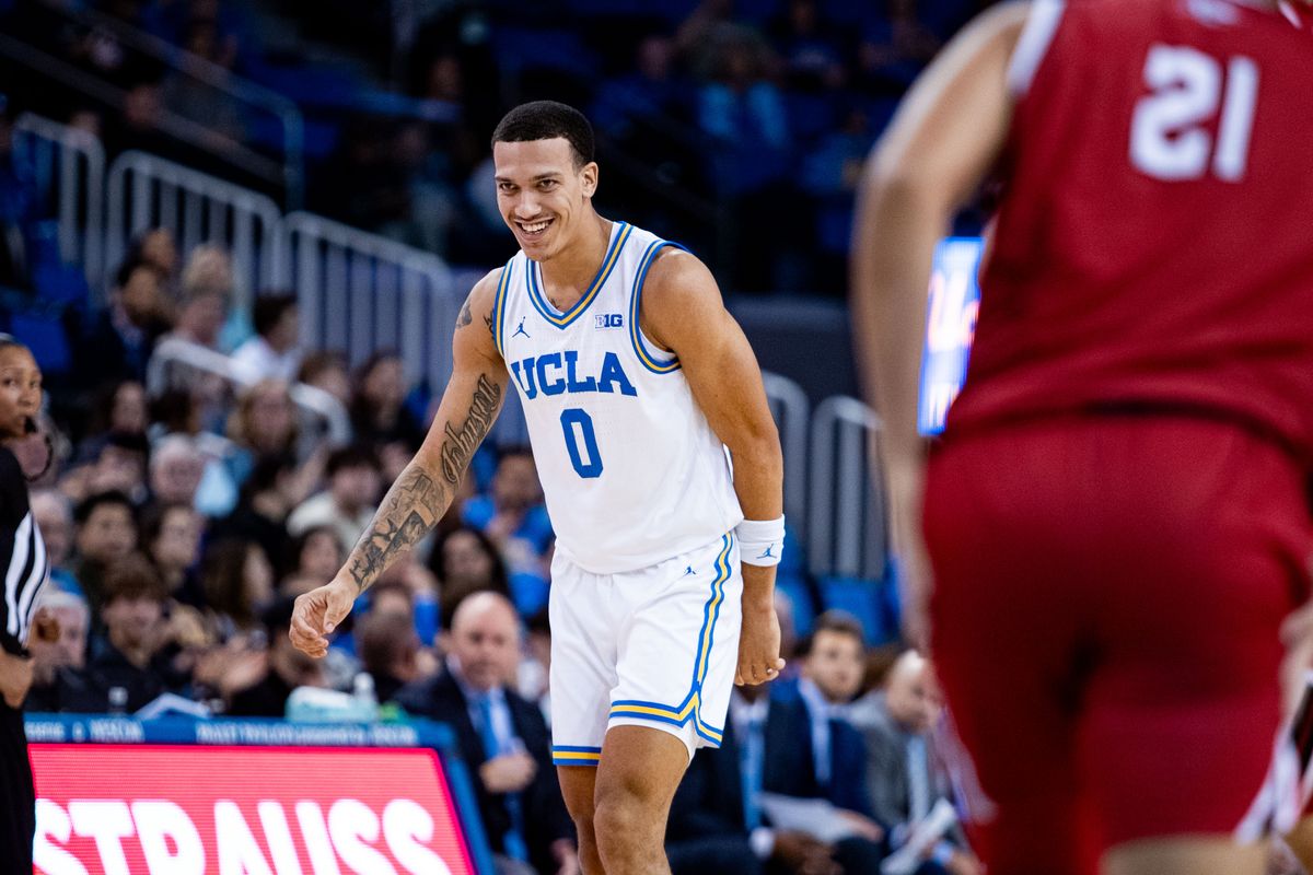 UCLA Bruins guard Kobe Johnson (0) celebrates during the 1st half of the game against Southern Utah on Tuesday, November 26th, 2024, at Pauley Pavilion in Los Angeles, CA. UCLA Bruins guard Kobe Johnson (0) celebrates during the 1st half of the game against Southern Utah on Tuesday, November 26th, 2024, at Pauley Pavilion in Los Angeles, CA.