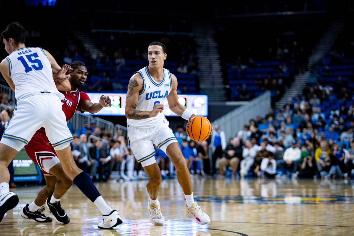 UCLA Bruins guard Kobe Johnson (0) runs with possession of the ball during the 1st half of the game against Southern Utah on Tuesday, November 26th, 2024, at Pauley Pavilion in Los Angeles, CA. UCLA Bruins guard Kobe Johnson (0) runs with possession of the ball during the 1st half of the game against Southern Utah on Tuesday, November 26th, 2024, at Pauley Pavilion in Los Angeles, CA.
