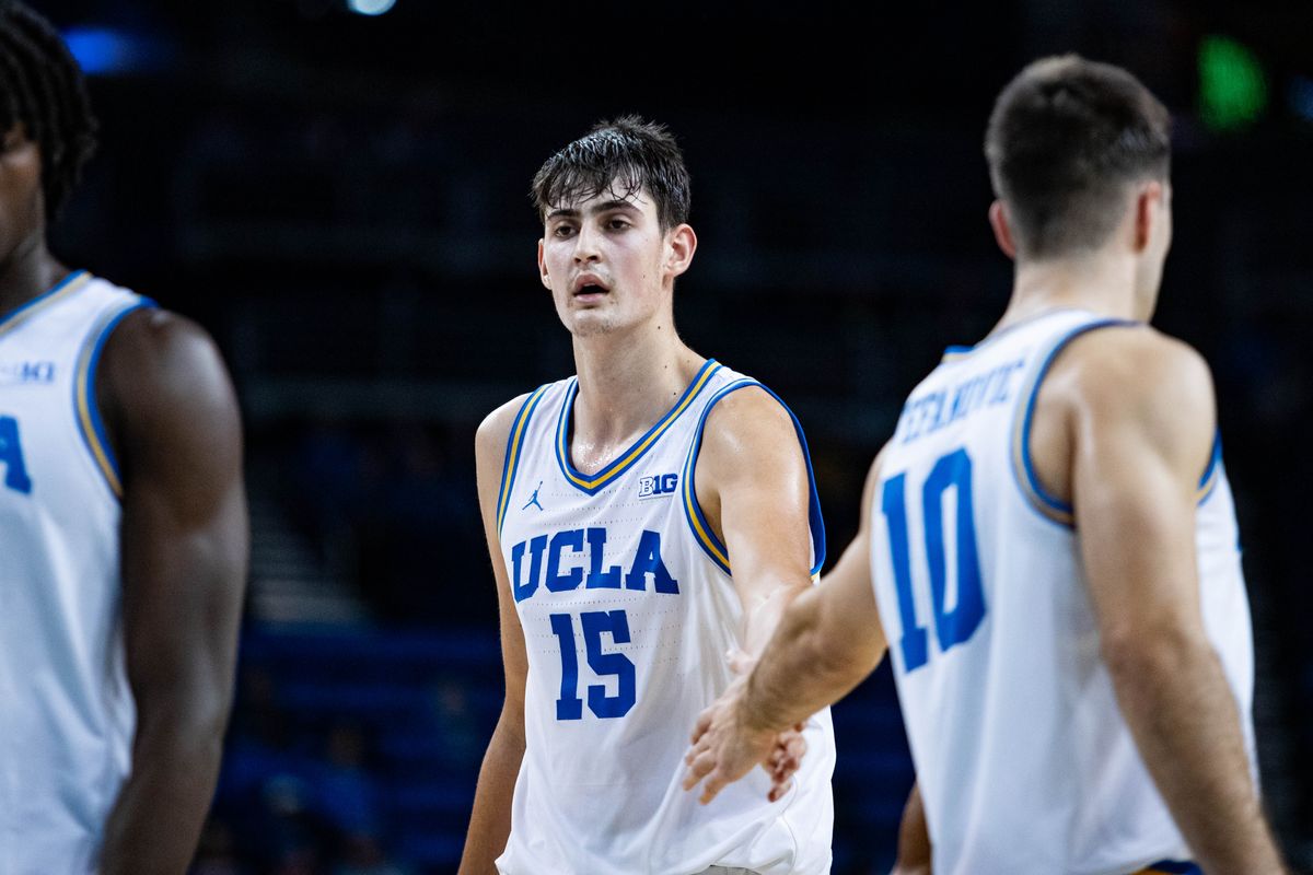 UCLA Bruins center Aday Mara (15) high-fives UCLA Bruins guard Lazar Stefanovic (10) during the 1st half of the game against Southern Utah on Tuesday, November 26th, 2024, at Pauley Pavilion in Los Angeles, CA. UCLA Bruins center Aday Mara (15) high-fives UCLA Bruins guard Lazar Stefanovic (10) during the 1st half of the game against Southern Utah on Tuesday, November 26th, 2024, at Pauley Pavilion in Los Angeles, CA.