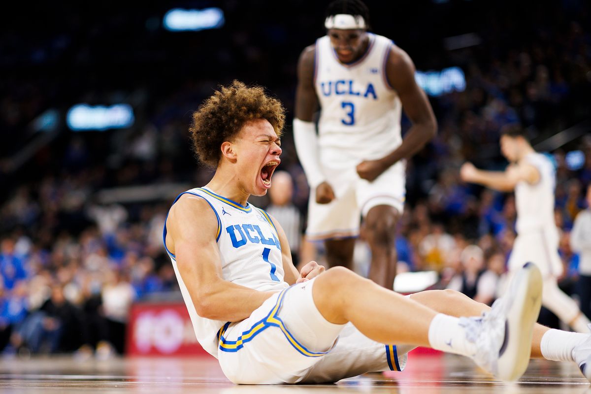 Trent Perry #1 of the UCLA Bruins reacts during the first half against Gonzaga Bulldogs at Intuit Dome on December 28, 2024 in Inglewood, California. 