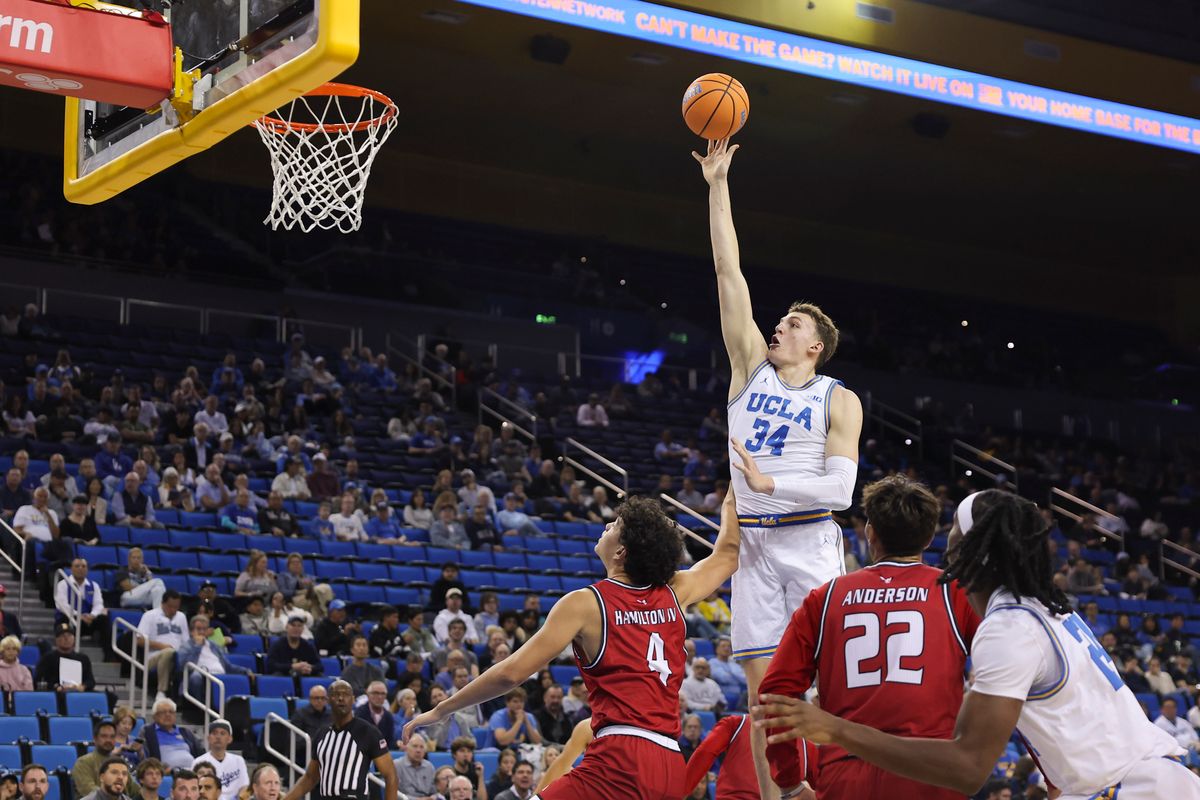 Forward Tyler Bilodeau #34 of the UCLA Bruins shoots the ball during an NCAA basketball game against the Eastern Washington Eagles, Monday November 3, 2025 in Los Angeles, Calif. Forward Tyler Bilodeau #34 of the UCLA Bruins shoots the ball during an NCAA basketball game against the Eastern Washington Eagles, Monday November 3, 2025 in Los Angeles, Calif.