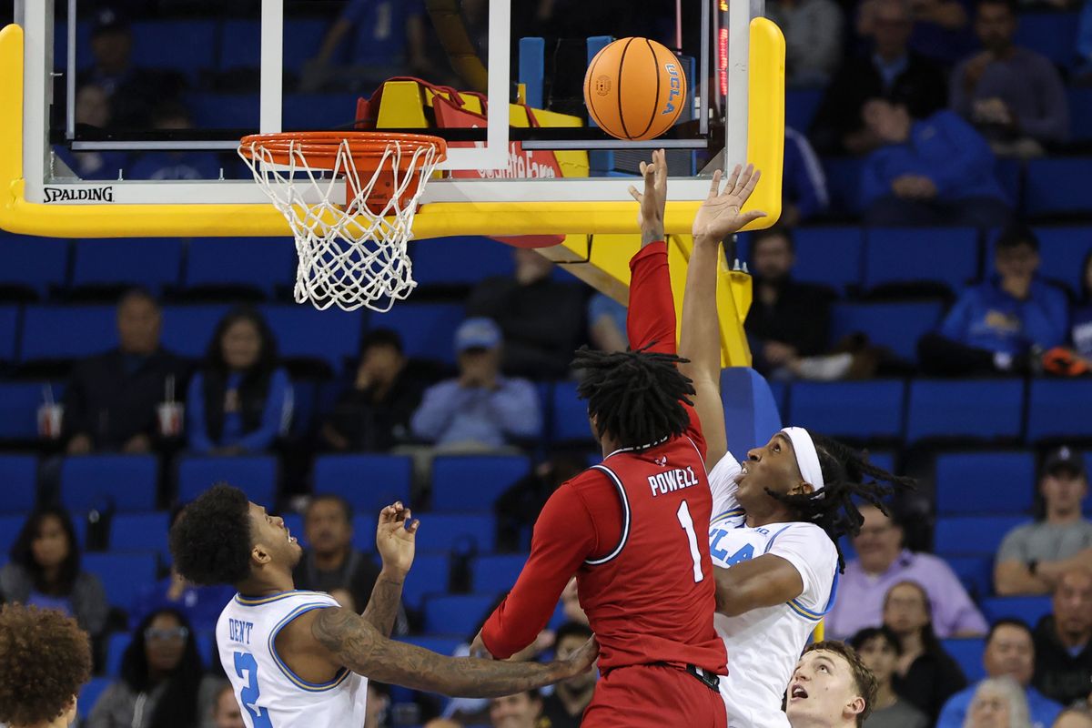 Guard Tyler Powell #1 of the Eastern Washington Eagles lays the ball up over forward Steven Jamerson II #24 of the UCLA Bruins during an NCAA basketball game, Monday November 3, 2025 in Los Angeles, Calif. Guard Tyler Powell #1 of the Eastern Washington Eagles lays the ball up over forward Steven Jamerson II #24 of the UCLA Bruins during an NCAA basketball game, Monday November 3, 2025 in Los Angeles, Calif.