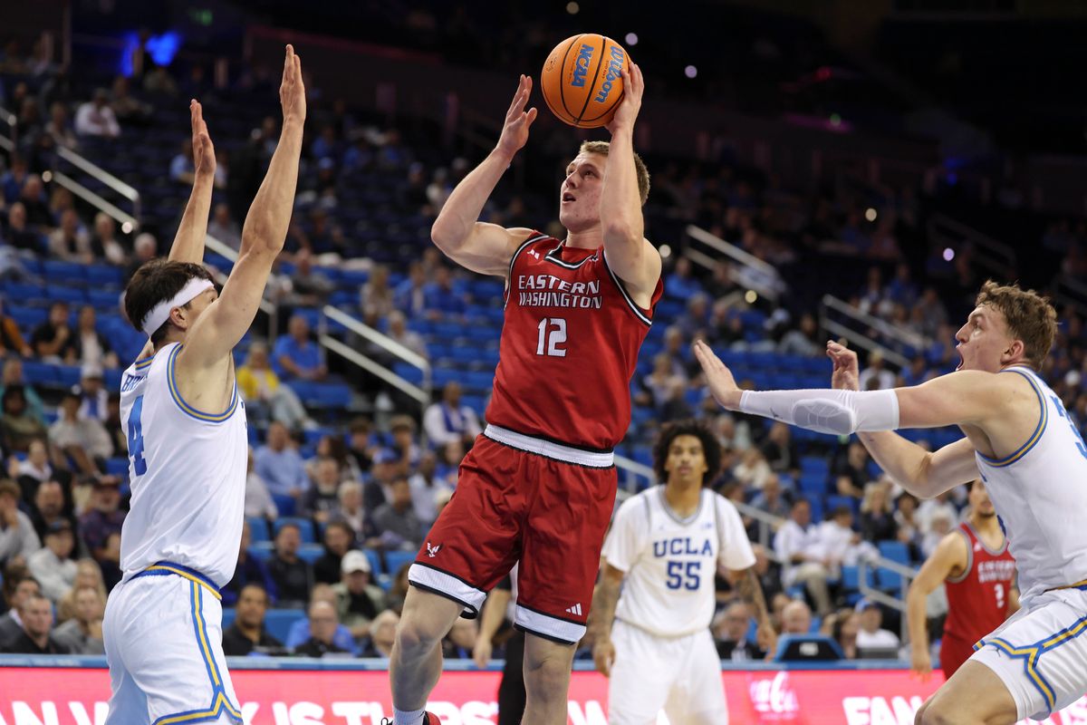 Guard Straton Rogers #12 of the Eastern Washington Eagles shoots the ball during an NCAA basketball game against the UCLA Bruins, Monday November 3, 2025 in Los Angeles, Calif. Guard Straton Rogers #12 of the Eastern Washington Eagles shoots the ball during an NCAA basketball game against the UCLA Bruins, Monday November 3, 2025 in Los Angeles, Calif.