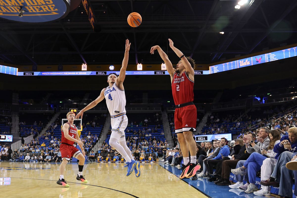 Guard Isaiah Moses #2 of the Eastern Washington Eagles shoots a three pointer over guard Jamar Brown #4 of the UCLA Bruins during an NCAA basketball game, Monday November 3, 2025 in Los Angeles, Calif. Guard Isaiah Moses #2 of the Eastern Washington Eagles shoots a three pointer over guard Jamar Brown #4 of the UCLA Bruins during an NCAA basketball game, Monday November 3, 2025 in Los Angeles, Calif.
