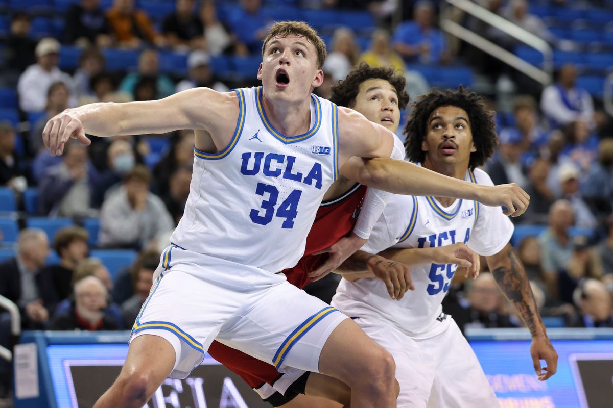 Forward Tyler Bilodeau #34 of the UCLA Bruins boxes out during a free throw attempt during an NCAA basketball game against the Eastern Washington Eagles, Monday November 3, 2025 in Los Angeles, Calif. Forward Tyler Bilodeau #34 of the UCLA Bruins boxes out during a free throw attempt during an NCAA basketball game against the Eastern Washington Eagles, Monday November 3, 2025 in Los Angeles, Calif.
