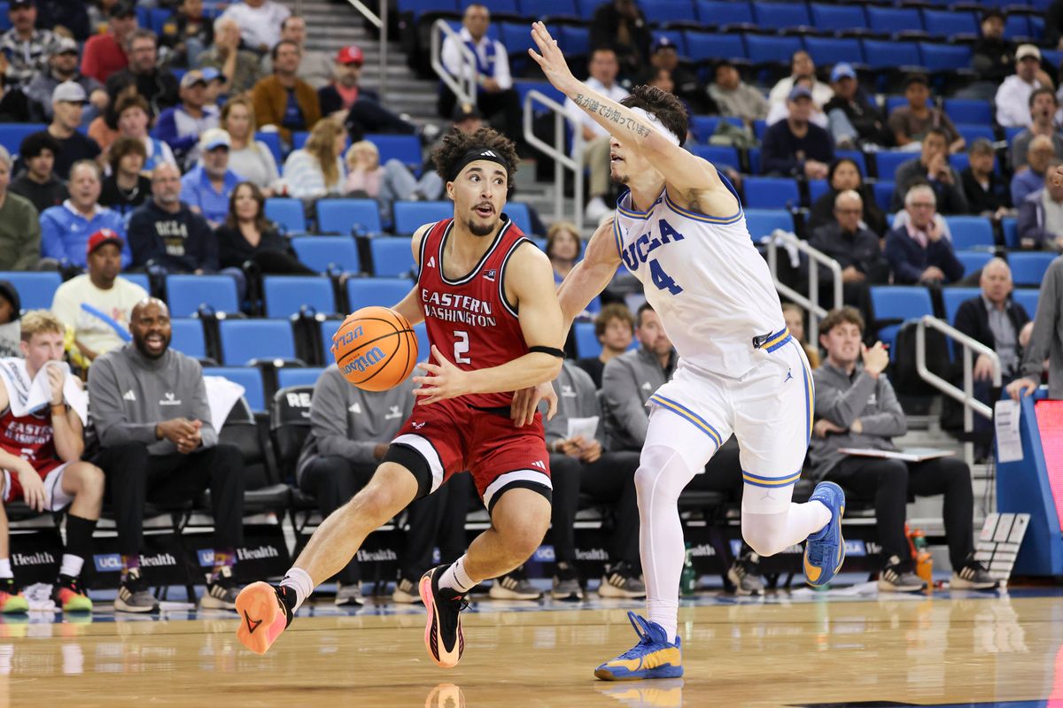 Guard Isaiah Moses #2 of the Eastern Washington Eagles drives to the basket against guard Jamar Brown #4 of the UCLA Bruins during an NCAA basketball game, Monday November 3, 2025 in Los Angeles, Calif. Guard Isaiah Moses #2 of the Eastern Washington Eagles drives to the basket against guard Jamar Brown #4 of the UCLA Bruins during an NCAA basketball game, Monday November 3, 2025 in Los Angeles, Calif.
