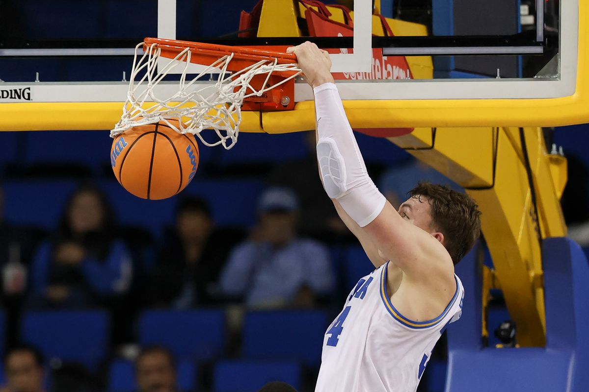 Forward Tyler Bilodeau #34 of the UCLA Bruins dunks the ball during an NCAA basketball game against the Eastern Washington Eagles, Monday November 3, 2025 in Los Angeles, Calif. Forward Tyler Bilodeau #34 of the UCLA Bruins dunks the ball during an NCAA basketball game against the Eastern Washington Eagles, Monday November 3, 2025 in Los Angeles, Calif.