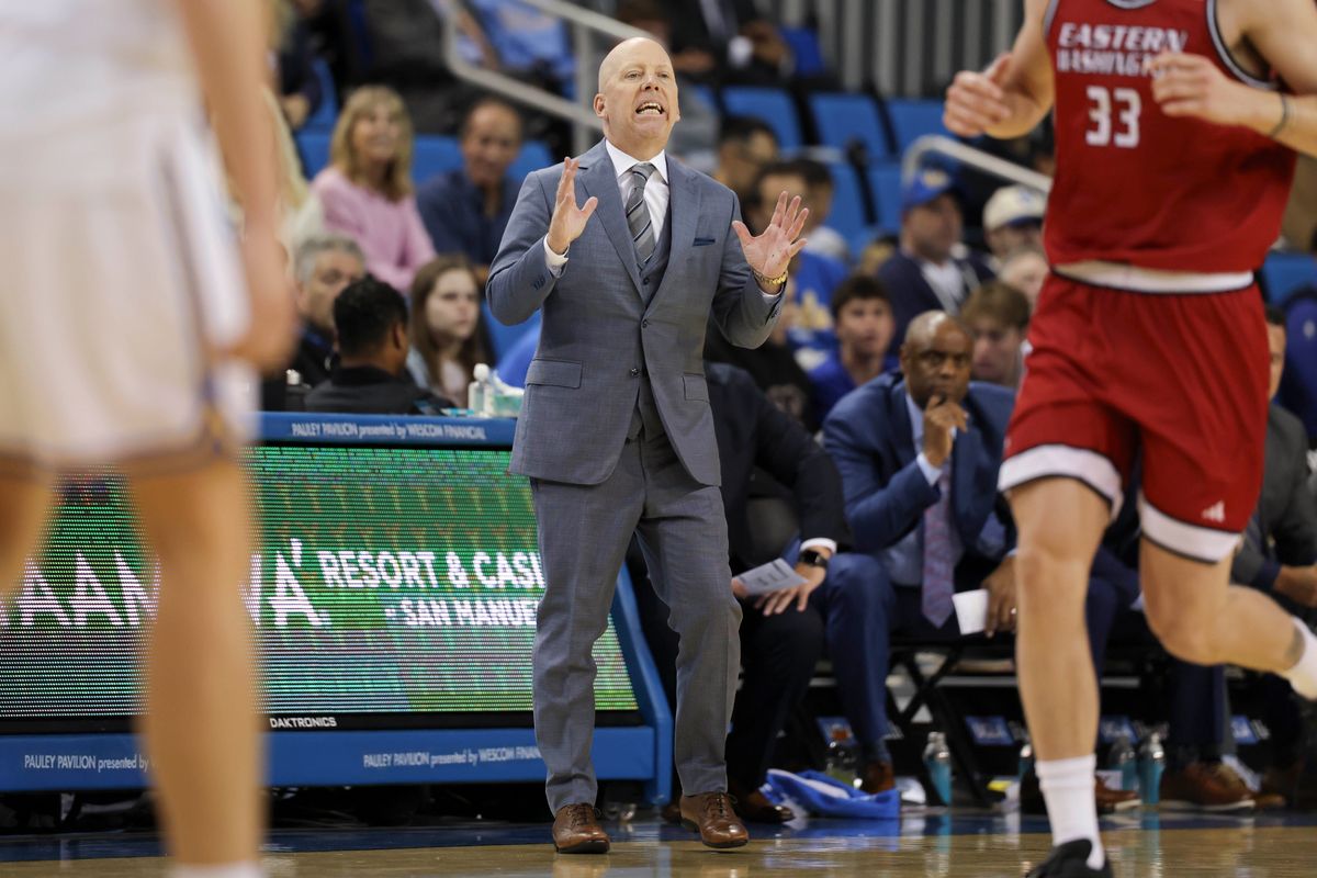 Head coach Mick Cronin of the UCLA Bruins directs his players on defense during an NCAA basketball game against the Eastern Washington Eagles, Monday November 3, 2025 in Los Angeles, Calif. Head coach Mick Cronin of the UCLA Bruins directs his players on defense during an NCAA basketball game against the Eastern Washington Eagles, Monday November 3, 2025 in Los Angeles, Calif.