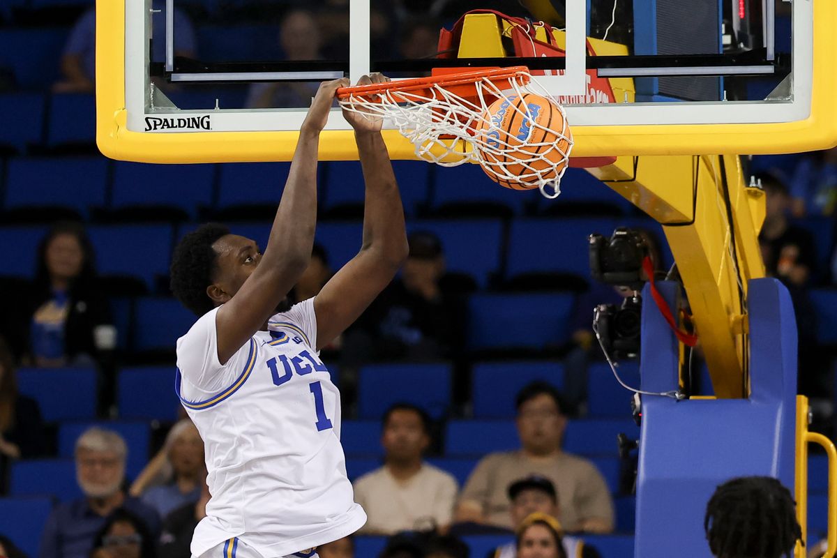 Center Xavier Booker #1 of the UCLA Bruins dunks the ball during an NCAA basketball game against the West Georgia Wolves, Monday November 10, 2025 in Los Angeles, Calif. Center Xavier Booker #1 of the UCLA Bruins dunks the ball during an NCAA basketball game against the West Georgia Wolves, Monday November 10, 2025 in Los Angeles, Calif.