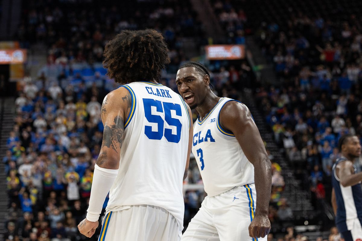 UCLA guard Eric Dailey Jr. (3) celebrates during a Big Ten Conference college basketball game against the Arizona Wildcats, Friday November 14, 2025 in Inglewood, Calif.