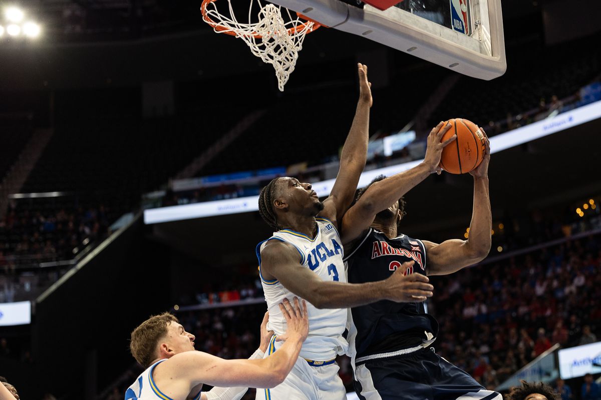 UCLA guard Eric Dailey Jr. (3) defends during a Big Ten Conference college basketball game against the Arizona Wildcats, Friday November 14, 2025 in Inglewood, Calif.