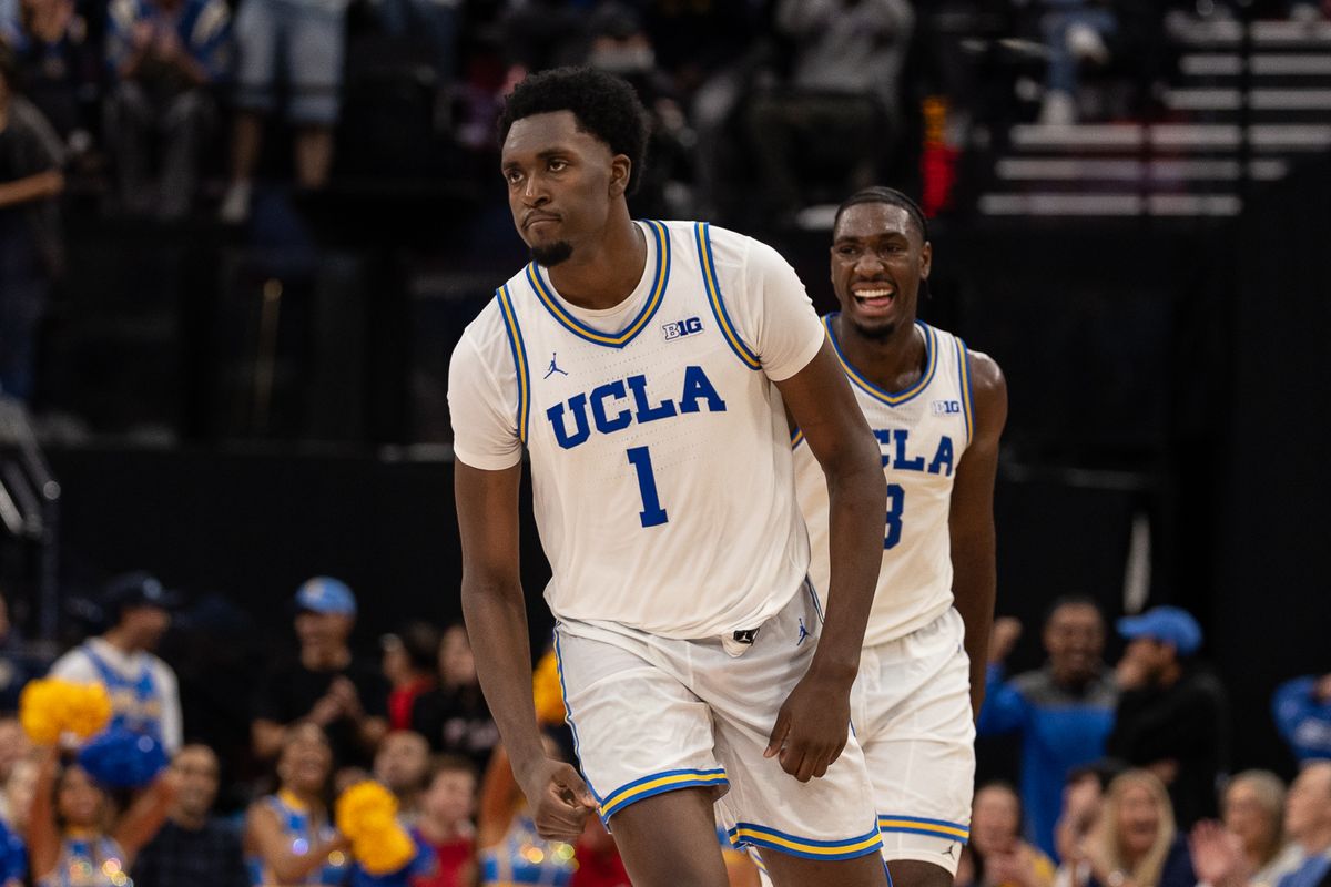 UCLA forward Xavier Booker (1) celebrates during a Big Ten Conference college basketball game against the Arizona Wildcats, Friday November 14, 2025 in Inglewood, Calif.