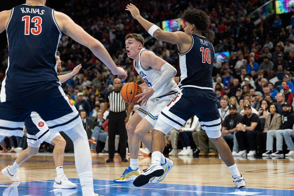 UCLA forward Tyler Bilodeau (34) prepares to take a shot during a Big Ten Conference college basketball game against the Arizona Wildcats, Friday November 14, 2025 in Inglewood, Calif.