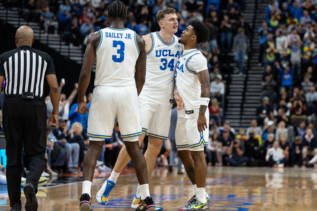 UCLA forward Tyler Bilodeau (34) celebrates during a Big Ten Conference college basketball game against the Arizona Wildcats, Friday November 14, 2025 in Inglewood, Calif.