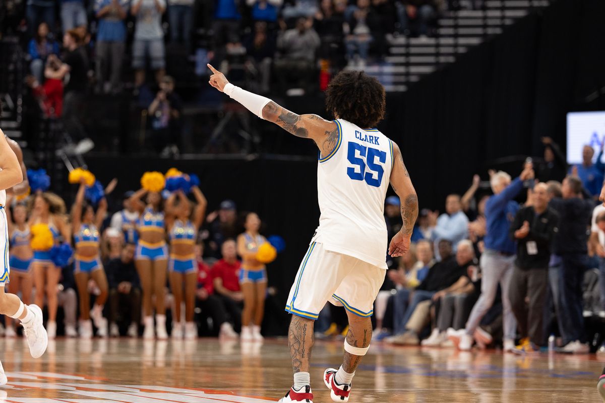 UCLA guard Skyy Clark (55) celebrates during a Big Ten Conference college basketball game against the Arizona Wildcats, Friday November 14, 2025 in Inglewood, Calif.