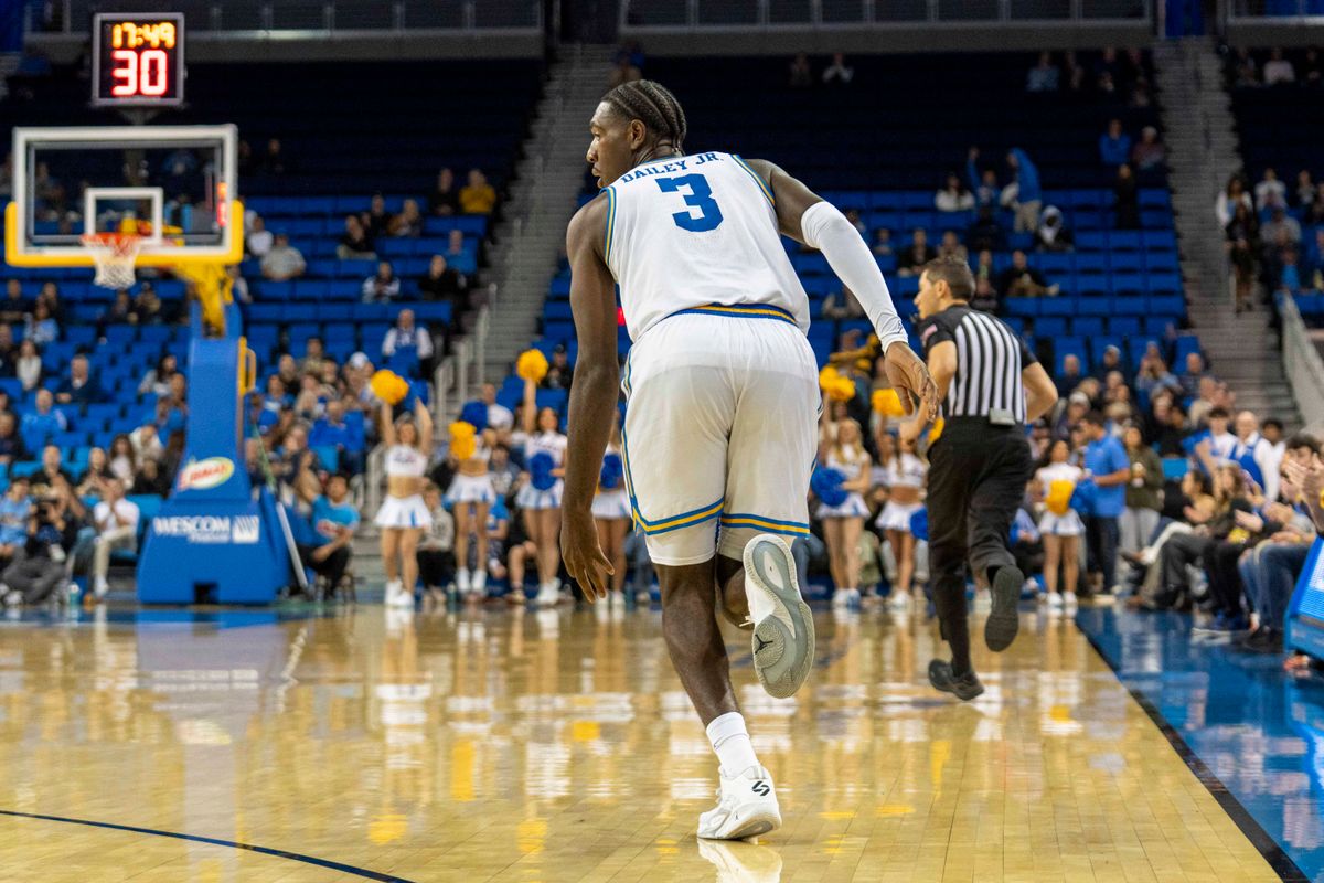 UCLA forward Eric Dailey Jr. (3) celebrates his three during an NCAA basketball game against Presbyterian, Friday November 21st, 2025 in Los Angeles, California. 
