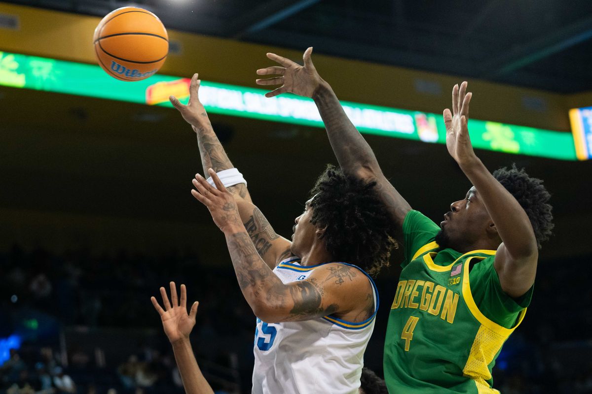 UCLA guard Skylar Clark (55) takes a floater during a Big 10 basketball game against the University of Oregon, Saturday, December 6th, 2025 in Los Angeles, California