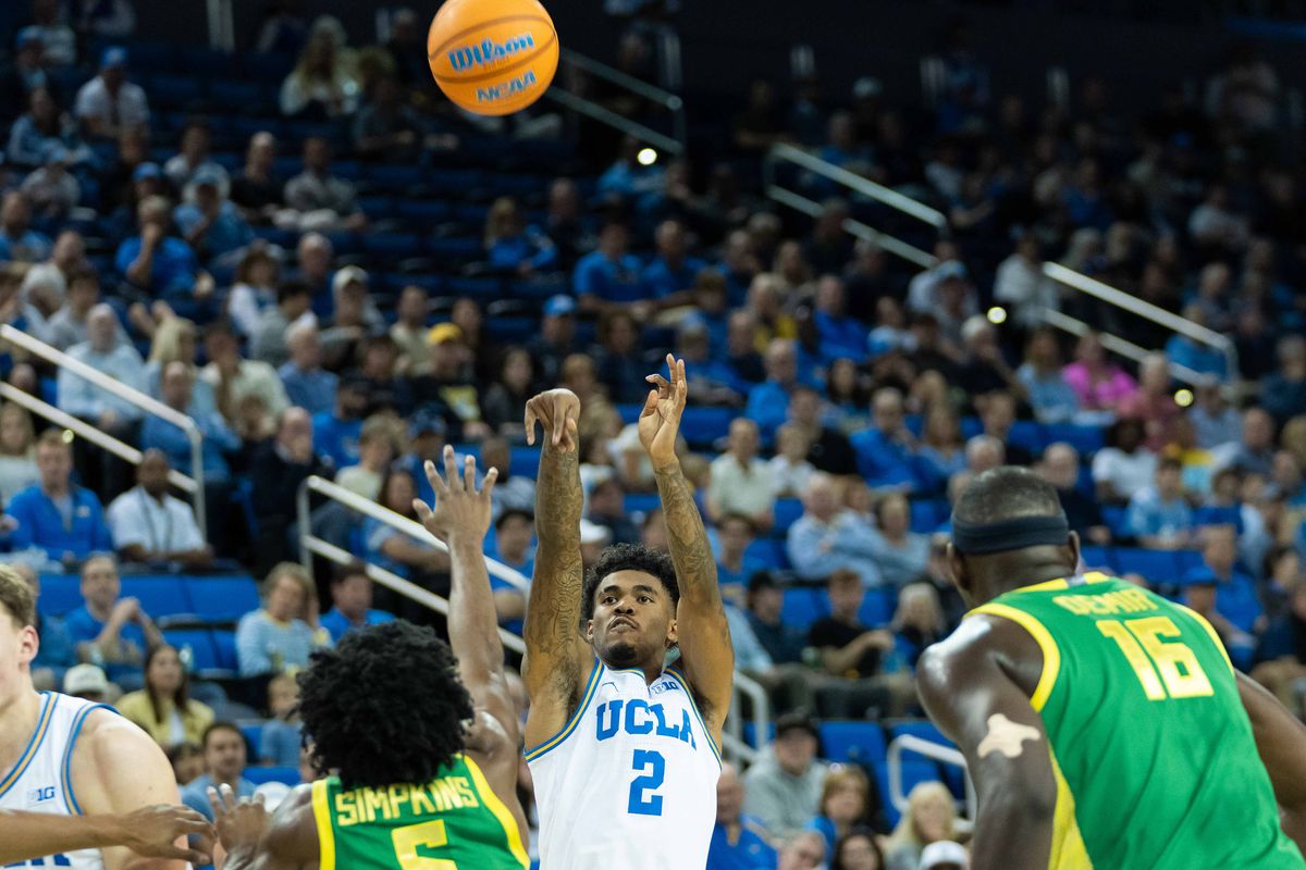 UCLA guard Donovan Dent (2) takes a jumpshot during a Big 10 basketball game against the University of Oregon, Saturday, December 6th, 2025 in Los Angeles, California