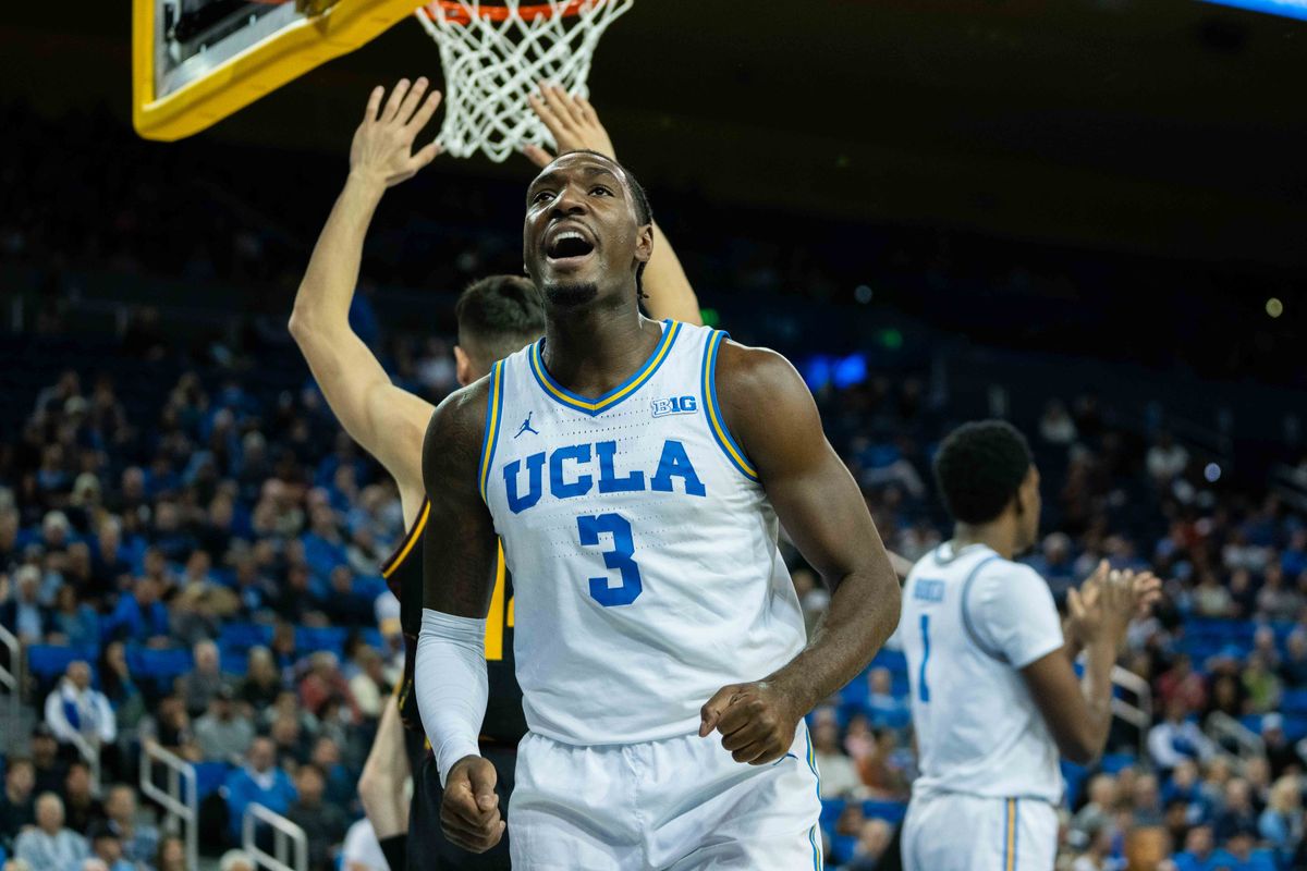 UCLA guard Eric Daily Jr. (3) celebrates an And-1 during a Big 10 basketball game against ASU, Wednesday, December 17th, 2025 in Los Angeles, California