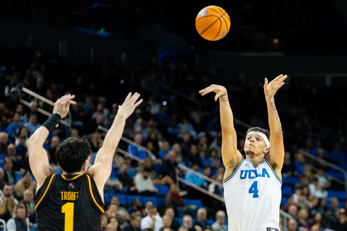 UCLA guard Jamar Brown (4) shoots the ball during a Big 10 basketball game against ASU, Wednesday, December 17th, 2025 in Los Angeles, California