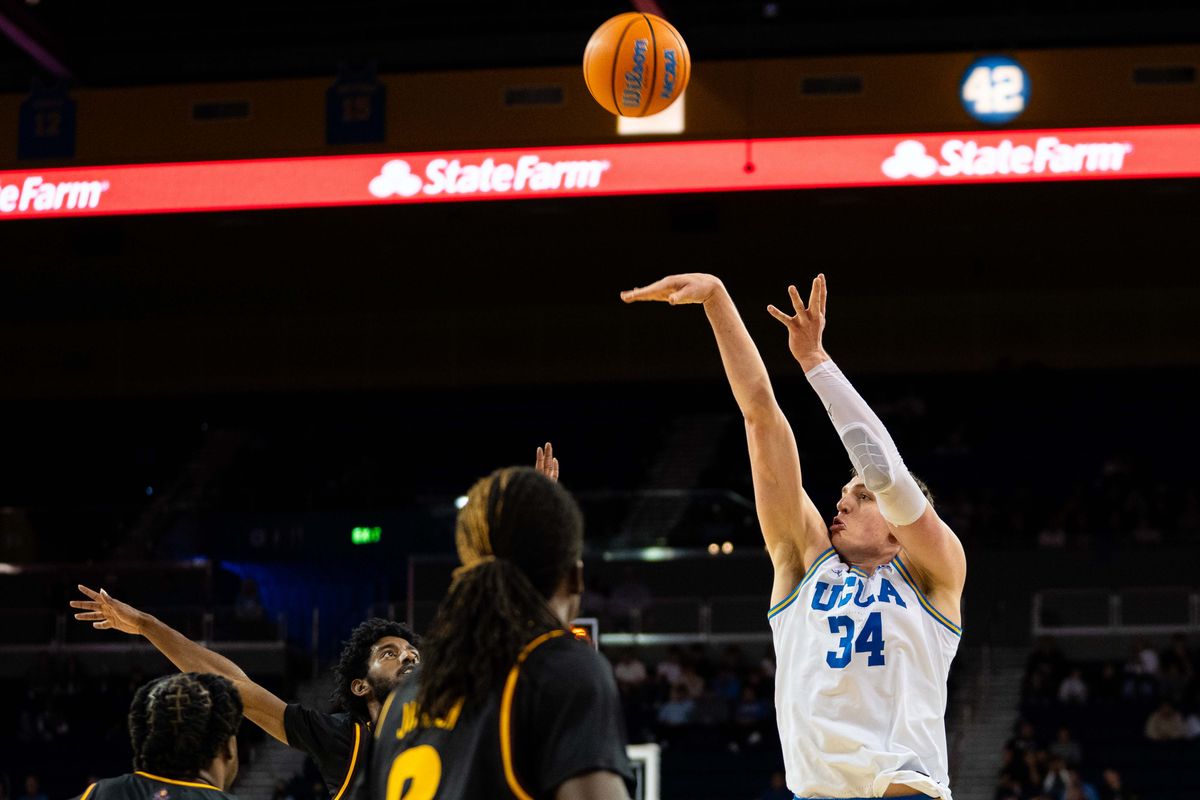 UCLA forward Tyler Bilodeau (34) shoots the ball during a Big 10 basketball game against ASU, Wednesday, December 17th, 2025 in Los Angeles, California