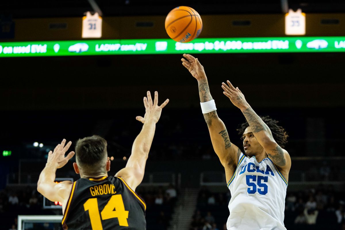 UCLA guard Skyy Clark (55) shoots the ball during a Big 10 basketball game against ASU, Wednesday, December 17th, 2025 in Los Angeles, California UCLA guard Skyy Clark (55) shoots the ball during a Big 10 basketball game against ASU, Wednesday, December 17th, 2025 in Los Angeles, California