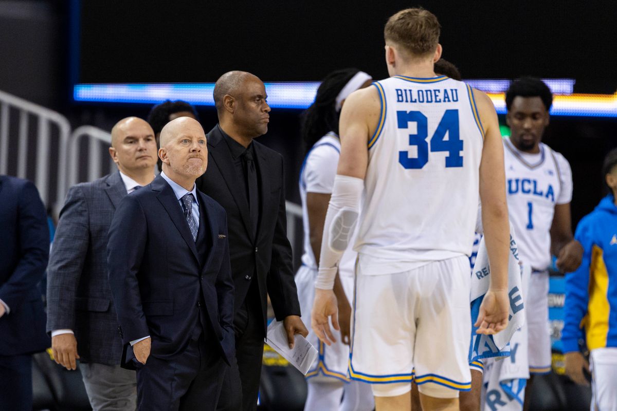 Head coach Mick Cronin stares down Tyler Bilodeau #34 of the UCLA Bruins during an NCAA basketball game against the Cal Poly Mustangs, Friday December 19, 2025 in Los Angeles, Calif.
