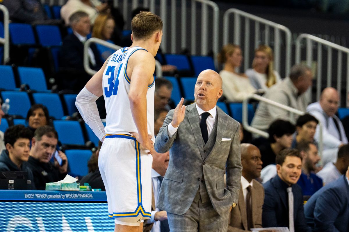 UCLA forward Tyler Bilodeau (34) talking to coach during an NCAA basketball game against UC Riverside, Tuesday December 23rd, 2025 in Los Angeles, California.