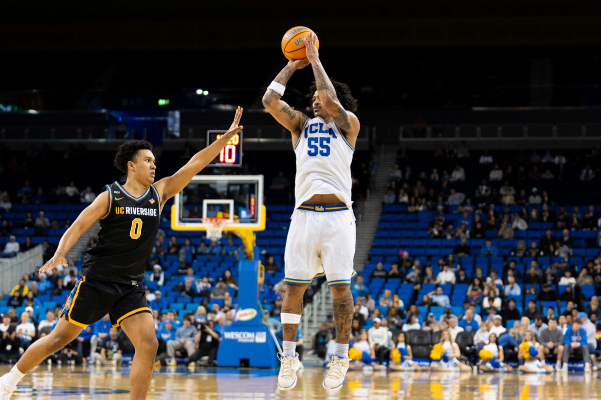UCLA guard Skyy Clark (55) shoots a three during an NCAA basketball game against UC Riverside, Tuesday December 23rd, 2025 in Los Angeles, California.