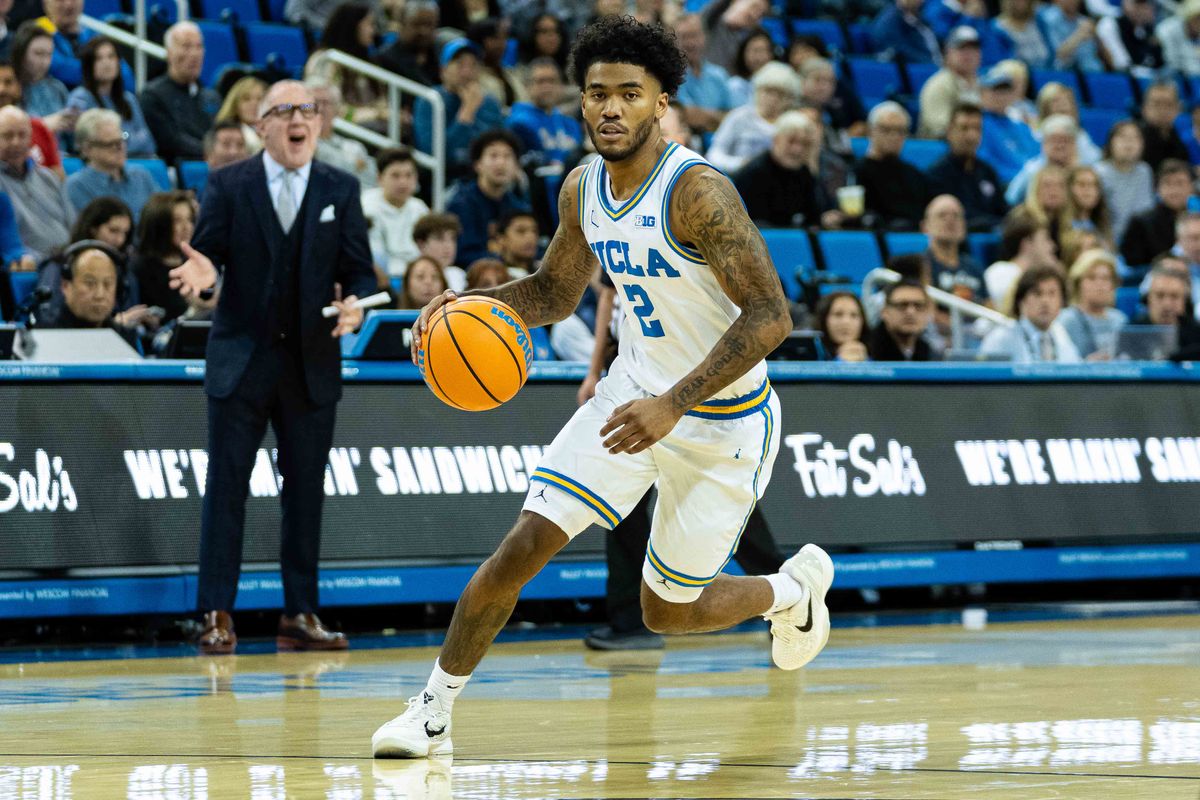 UCLA guard Donovan Dent (2) setting up the offense during a Big 10 basketball game against Maryland, Saturday , January 10th, 2025 in Los Angeles, California