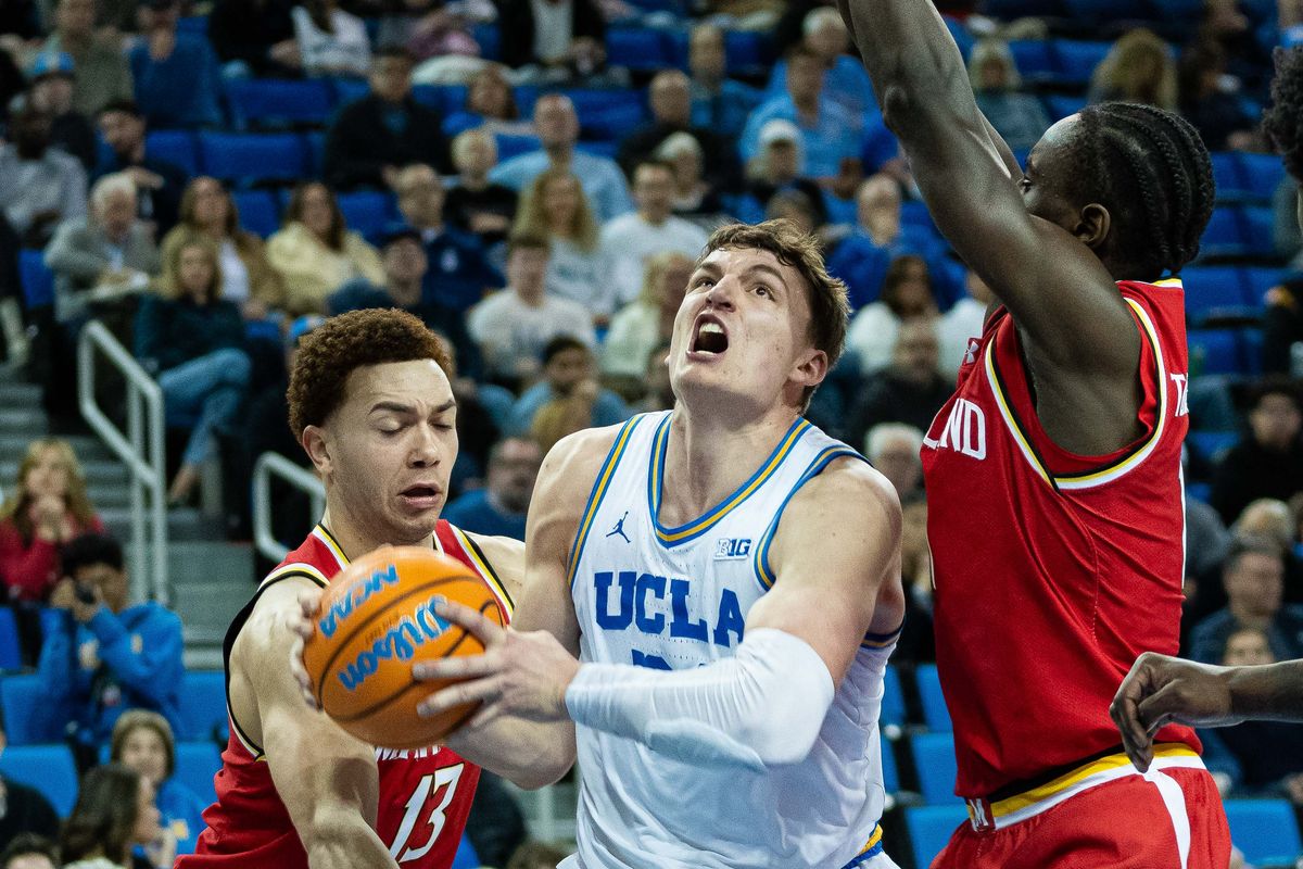 UCLA forward Tyler Bilodeau (34) driving into the lane during a Big 10 basketball game against Maryland, Saturday , January 10th, 2025 in Los Angeles, California