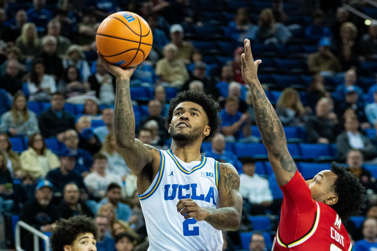 UCLA guard Donovan Dent (2) driving into the lane during a Big 10 basketball game against Maryland, Saturday , January 10th, 2025 in Los Angeles, California