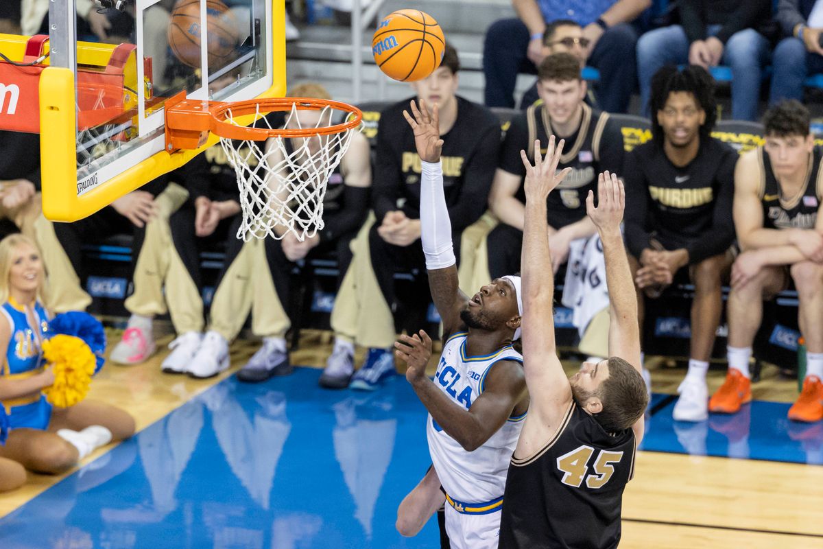 Eric Dailey Jr. #3 of the UCLA Bruins shoots the ball during an NCAA basketball game against the Purdue Boilermakers, Tuesday January 20, 2026 in Los Angeles, Calif.