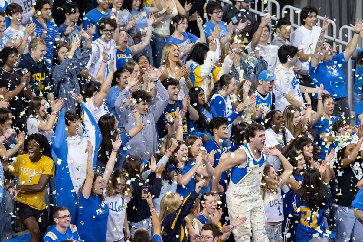 UCLA students celebrate the first made basket of the game with confetti during an NCAA basketball game between the UCLA Bruins and Purdue Boilermakers, Tuesday January 20, 2026 in Los Angeles, Calif.