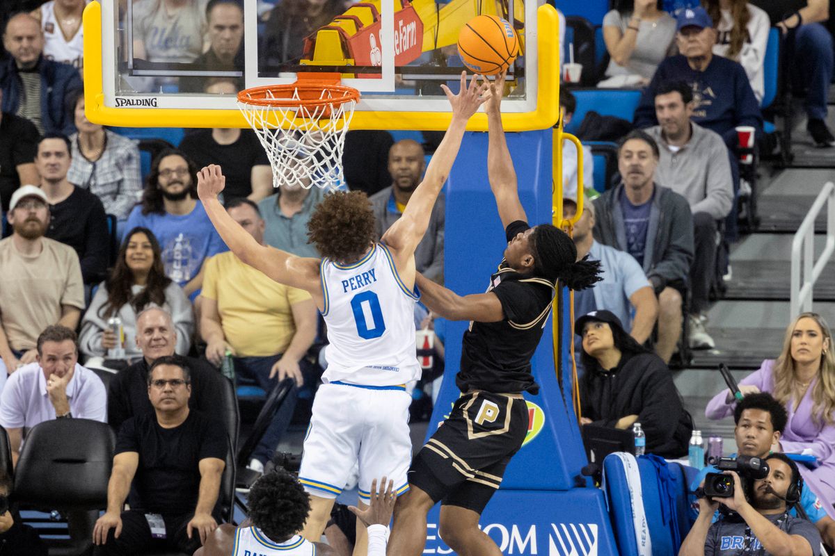Gicarri Harris #24 of the Purdue Boilermakers lays the ball up during an NCAA basketball game against the UCLA Bruins, Tuesday January 20, 2026 in Los Angeles, Calif.