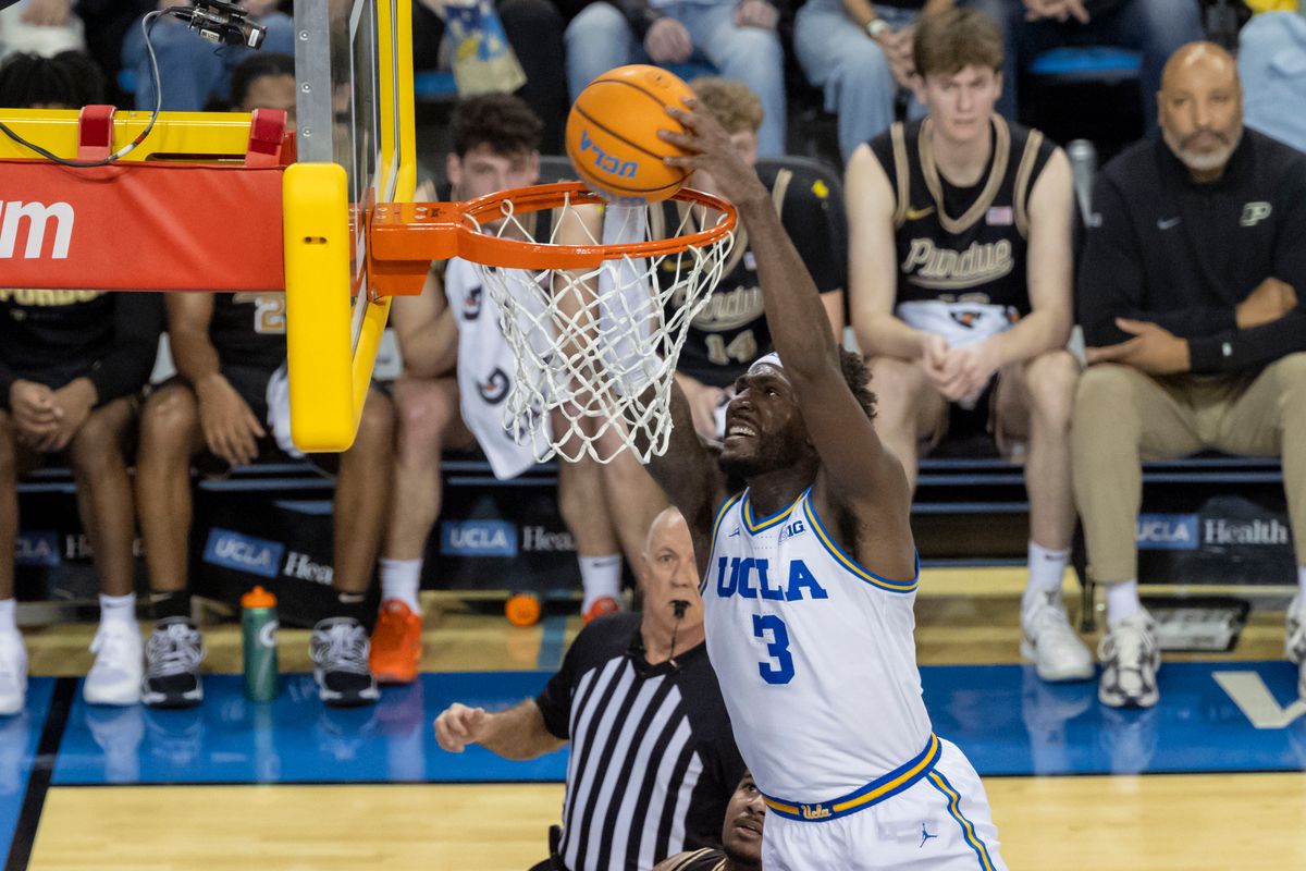 Eric Dailey Jr. #3 of the UCLA Bruins dunks the ball during an NCAA basketball game against the Purdue Boilermakers, Tuesday January 20, 2026 in Los Angeles, Calif.