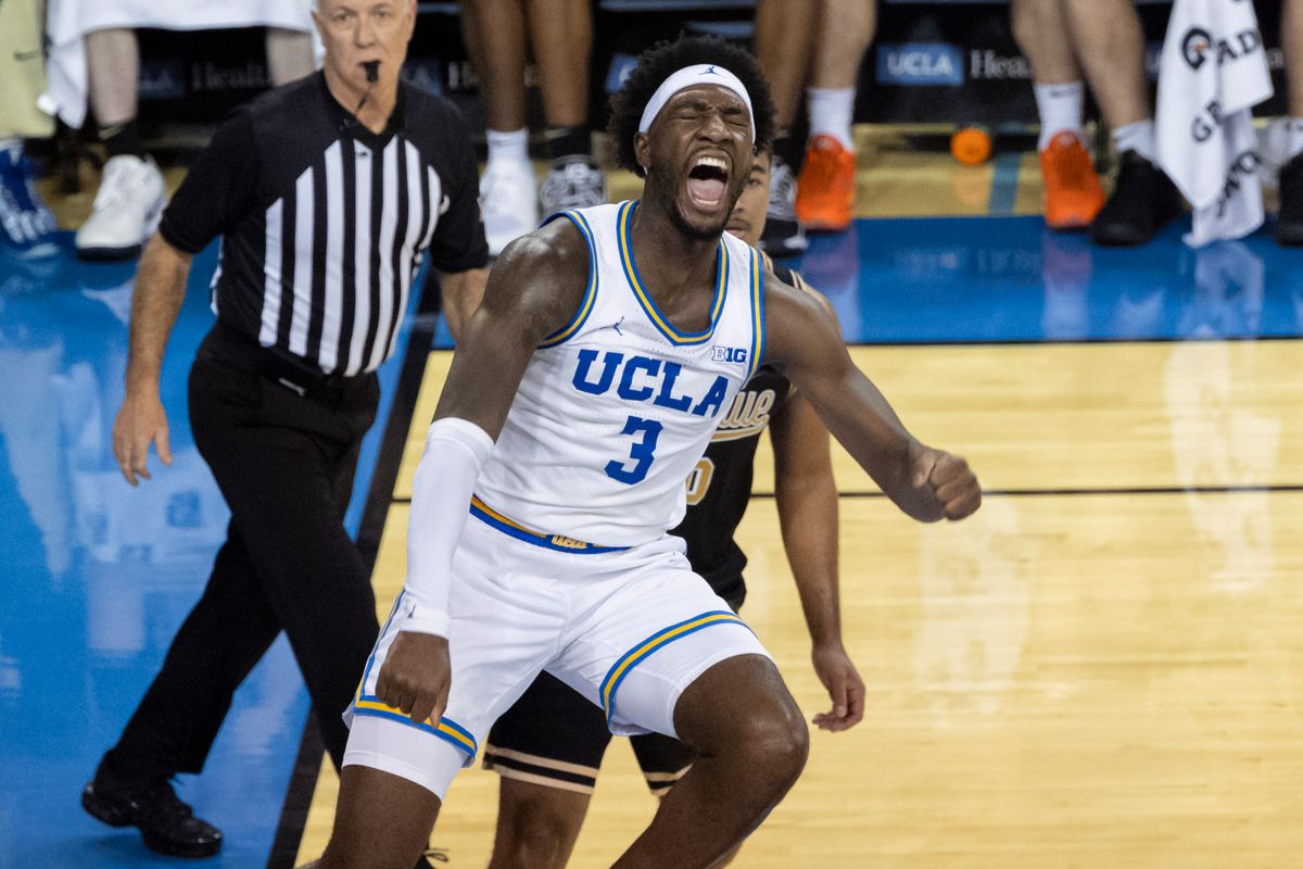 Eric Dailey Jr. #3 of the UCLA Bruins celebrates after a dunk during an NCAA basketball game against the Purdue Boilermakers, Tuesday January 20, 2026 in Los Angeles, Calif.
