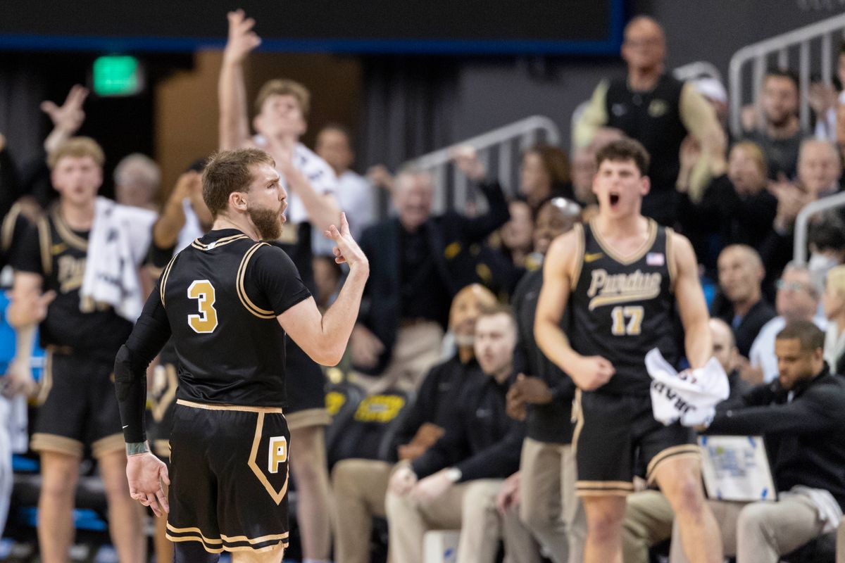 Braden Smith #3 of the Purdue Boilermakers celebrates a made three point shot during an NCAA basketball game against the UCLA Bruins, Tuesday January 20, 2026 in Los Angeles, Calif.