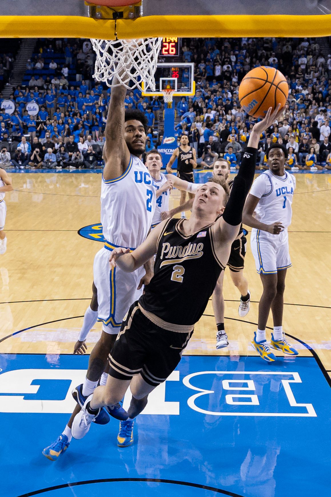 Fletcher Loyer #2 of the Purdue Boilermakers lays the ball up during an NCAA basketball game against the UCLA Bruins, Tuesday January 20, 2026 in Los Angeles, Calif.