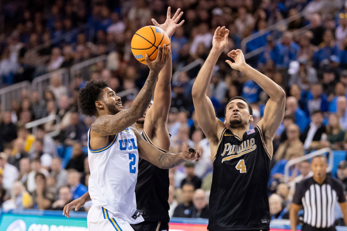 Donovan Dent #2 of the UCLA Bruins drives towards the rim during an NCAA basketball game against the Purdue Boilermakers, Tuesday January 20, 2026 in Los Angeles, Calif.
