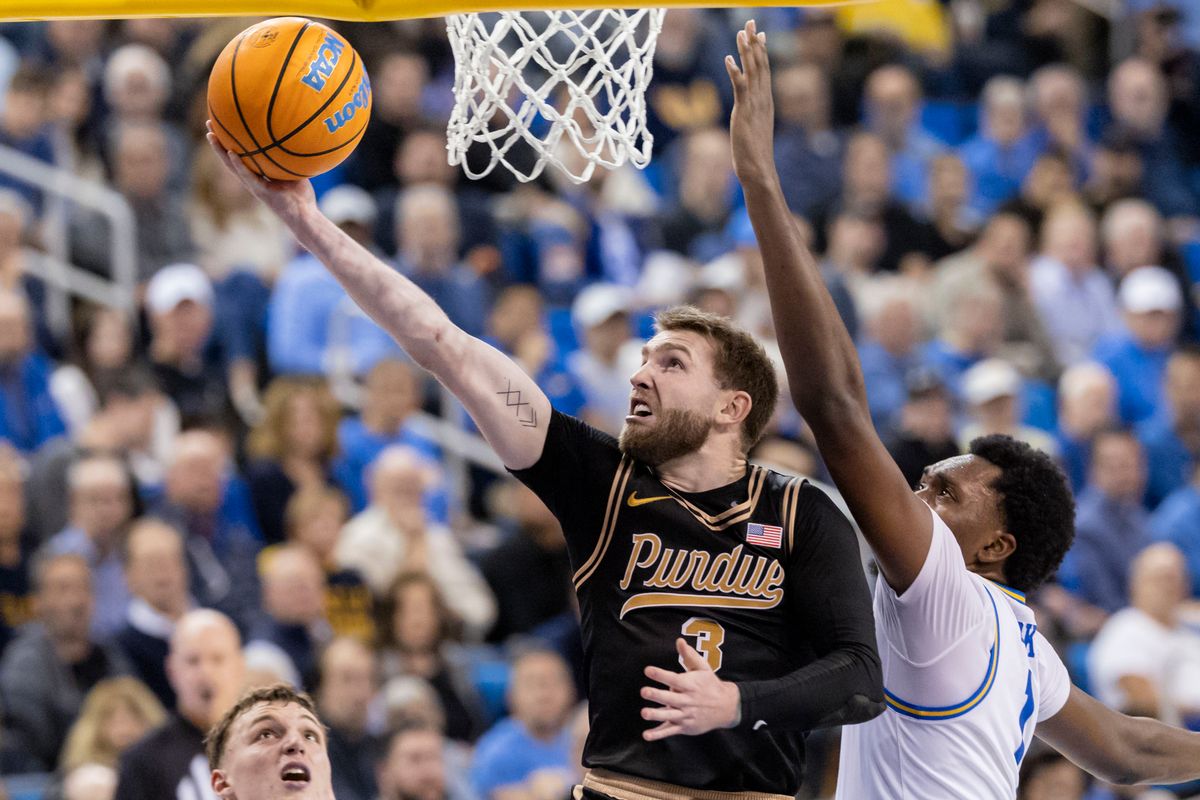 Braden Smith #3 of the Purdue Boilermakers lays the ball up during an NCAA basketball game against the UCLA Bruins, Tuesday January 20, 2026 in Los Angeles, Calif.