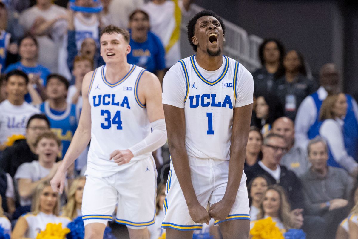 Xavier Booker #1 of the UCLA Bruins celebrates during an NCAA basketball game against the Purdue Boilermakers, Tuesday January 20, 2026 in Los Angeles, Calif.