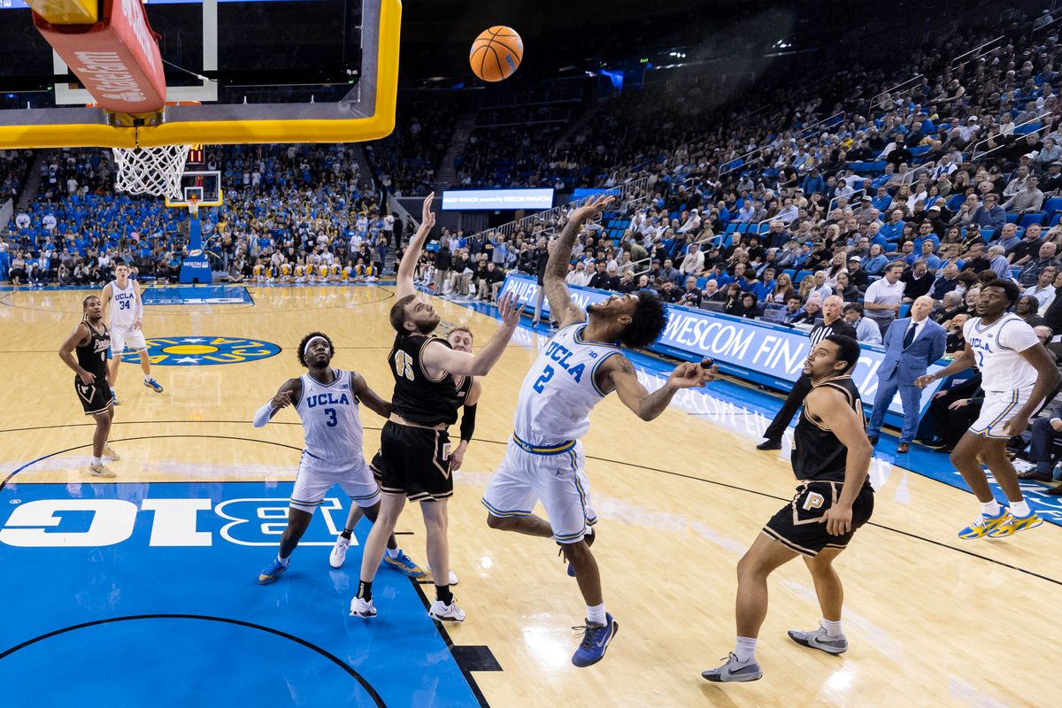 Donovan Dent #2 of the UCLA Bruins shoots the ball during an NCAA basketball game against the Purdue Boilermakers, Tuesday January 20, 2026 in Los Angeles, Calif.