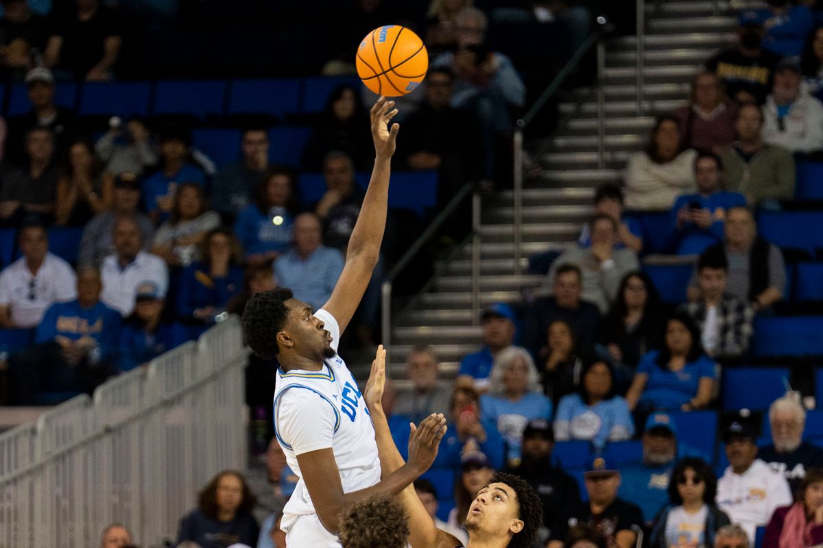 UCLA forward Tyler Bilodeau (34) shoots hook shot during an NCAA basketball game against Northwestern, Saturday January 24th, 2026 in Los Angeles, California. 