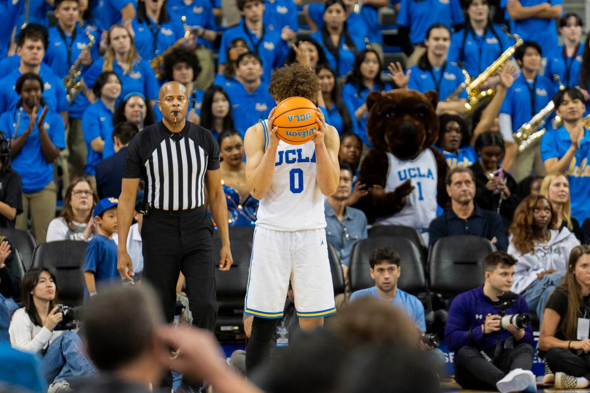 UCLA guard Trent Perry (0) takes a moment after the final buzzer during an NCAA basketball game against Northwestern, Saturday January 24th, 2026 in Los Angeles, California. 