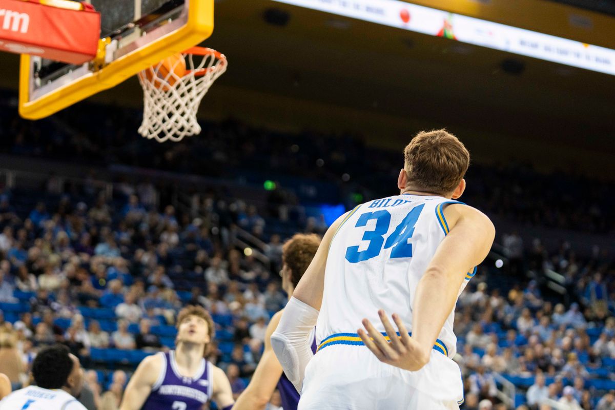 UCLA forward Tyler Bilodeau (34) makes the tough mid range jumper during an NCAA basketball game against Northwestern, Saturday January 24th, 2026 in Los Angeles, California. 