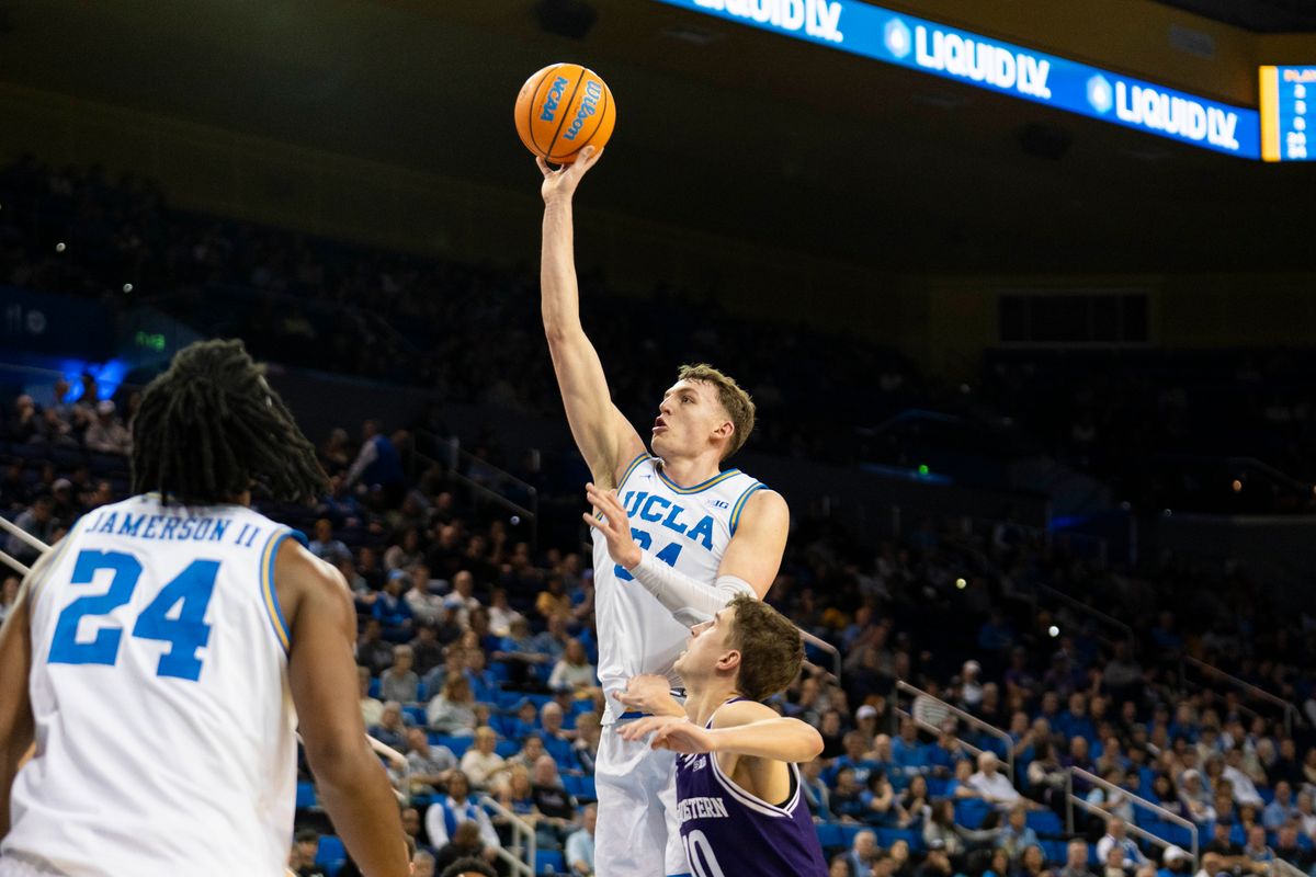 UCLA forward Tyler Bilodeau (34) hits a floater during an NCAA basketball game against Northwestern, Saturday January 24th, 2026 in Los Angeles, California. 