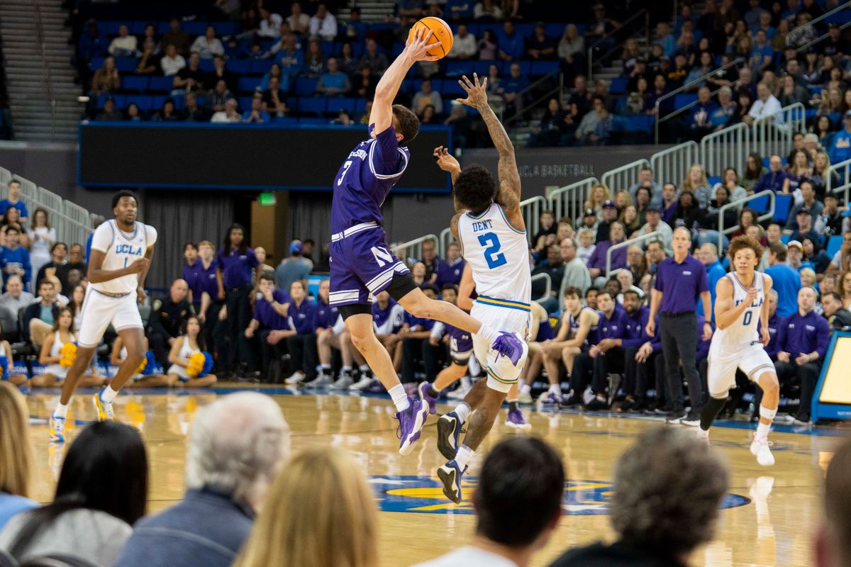 Northwestern guard Jake West (3) steals the ball at the end of the first half during an NCAA basketball game against UCLA, Saturday January 24th, 2026 in Los Angeles, California. 